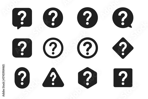 Various question mark icons in different geometric shapes on white background