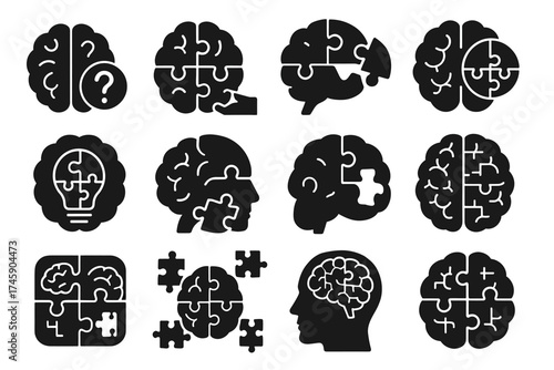 Silhouette puzzle brain icons: solving the mind's connection concepts