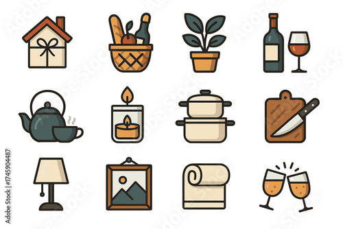 Home essentials: wine, cooking, and decor icons set