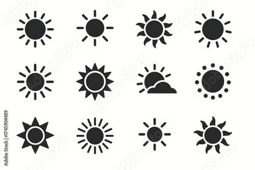 Collection of diverse sun icon designs with various shapes and styles