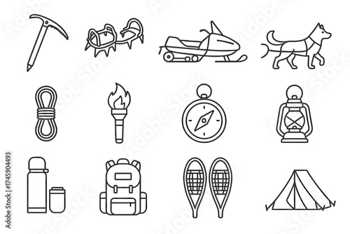 Winter adventure gear: icons of hiking, camping, and snow activities