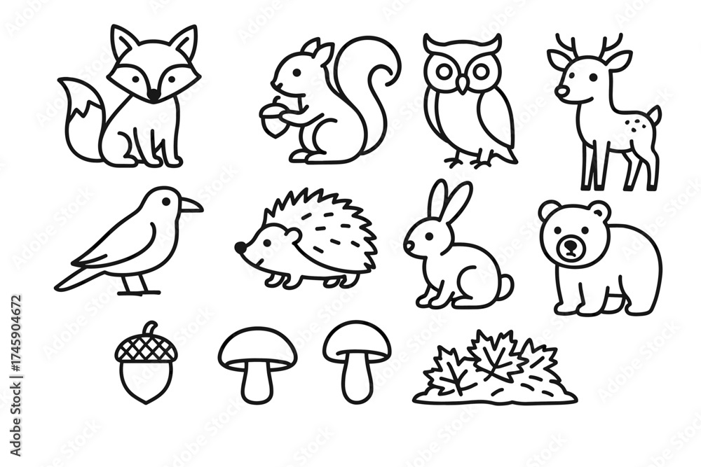 Obraz premium Outline drawings of forest animals and nature elements: fox, squirrel, owl, deer