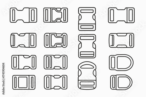 Collection of various plastic buckle designs for straps and fastenings