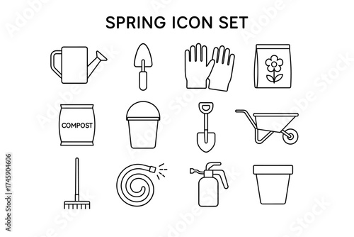 Spring gardening icon set: tools and essentials for planting and composting