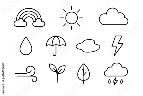 Simple weather icons: sun, cloud, rain, wind, leaf, lightning and umbrella