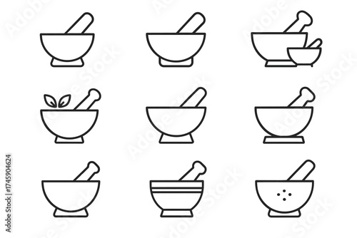 Set of nine black and white mortar and pestle line art icons