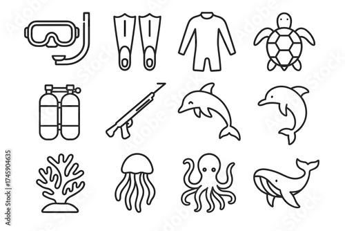 Line art icons of diving gear and marine animals