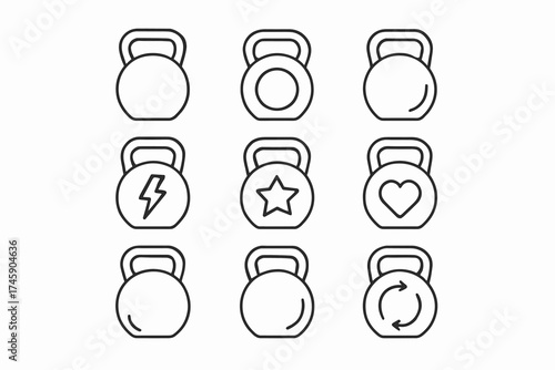 Set of nine kettlebell icons with symbols for fitness and exercise