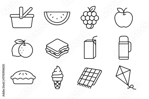 12 simple picnic icon set with food and leisure items in black and white