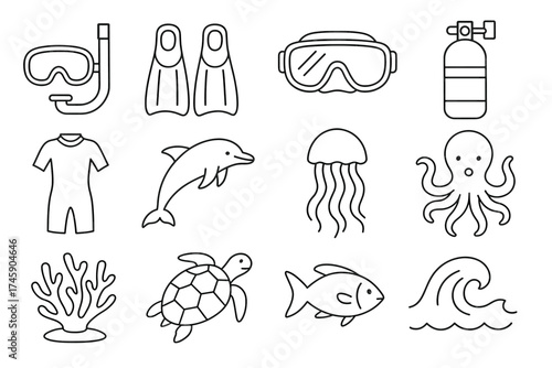 Outline icons of snorkeling gear and marine life including dolphin, octopus, and coral