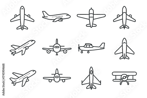 Collection of line art airplanes: variety of aircraft illustrations