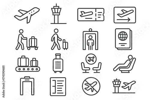 Set of airport travel icons: airplane, passport, security, tickets, luggage