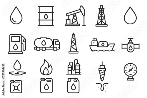 Oil industry icons: drilling, transportation, storage, and refining symbols