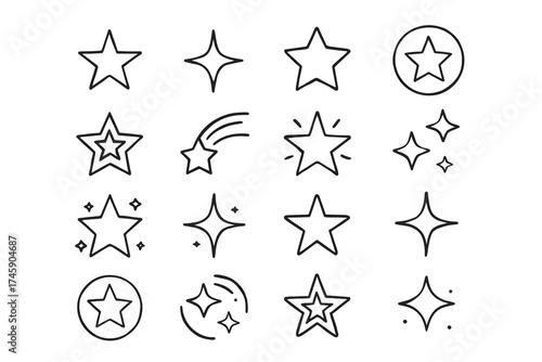 Set of star icons: outlines, sparkles, comets, and radiant designs collection