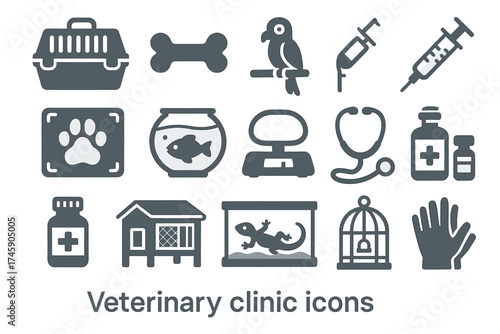 Veterinary clinic icons: pet care symbols for animals and medical treatment