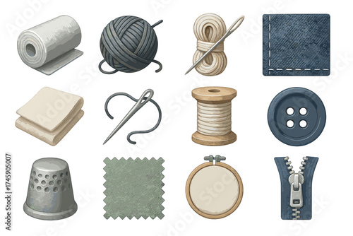 Sewing essentials collection: yarn, needles, fabric, thimble, button, zipper
