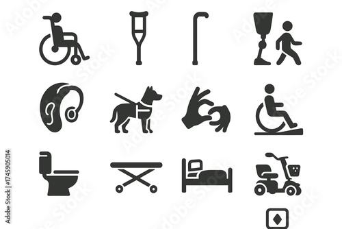 Accessibility and mobility icons: wheelchair, crutches, guide dog, hearing aid, prosthetic limb
