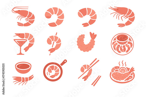 Variety of shrimp icons featuring cooking and dining styles on white background