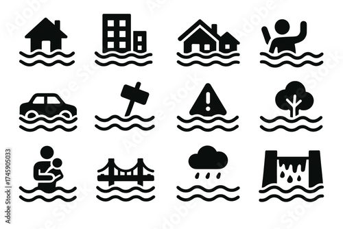 Flood disaster icons: buildings, alerts, vehicles, and rescue symbols