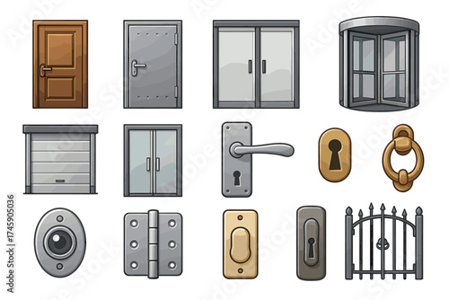 Collection of various door types and hardware elements including handles and locks