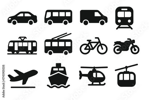 Silhouette icons of various transportation modes including car, bus, train, bicycle, and helicopter