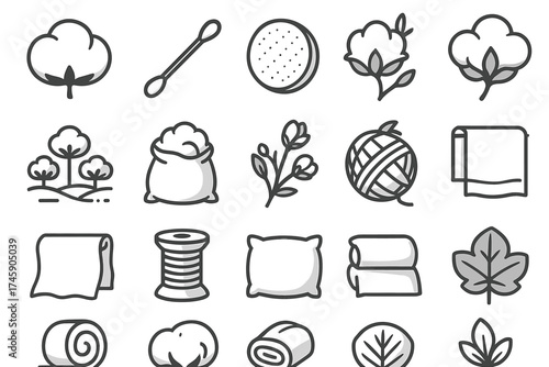 Set of cotton-related icons featuring plants, products, and tools in minimalist style