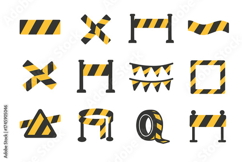 Yellow and black striped barrier icons for warning and safety signs