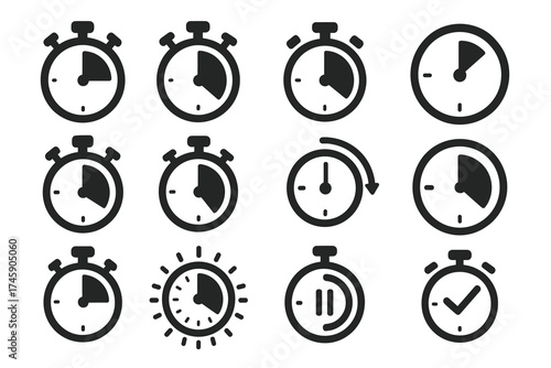 Collection of simple stopwatch and timer icons in various styles