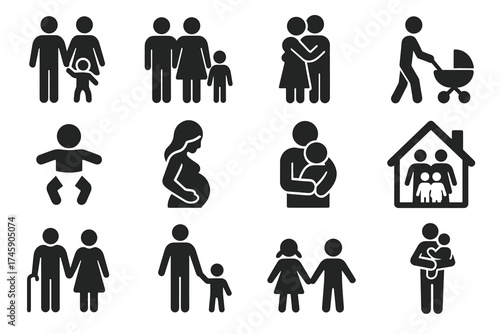 Family icons: parenthood, pregnancy, and relationships in black silhouettes