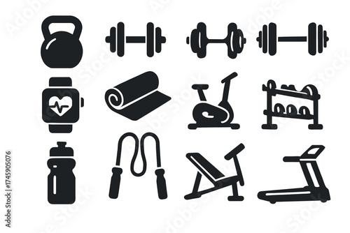 Fitness equipment icons: dumbbells, treadmill, kettlebell, exercise bike, yoga mat