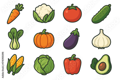 Colorful cartoon vegetables collection: carrot, cauliflower, tomato, cucumber, bok choy