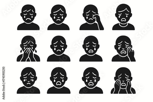 Sad child emojis: various facial expressions of crying and sorrow