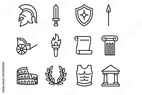 Ancient roman icon set: gladiator helmet, sword, shield, chariot, torch, scroll, column
