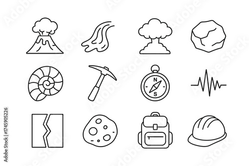 Geology icons: volcano, fossil, earthquake, exploration tools, helmet