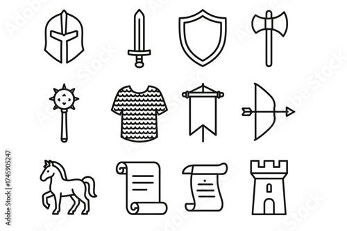 Medieval icons set: knight helmet, sword, shield, axe, and more