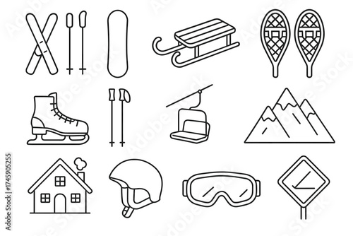 Winter sports equipment icons: skis, snowboard, sled, snowshoes, ice skates, poles, lift, helmet, goggles
