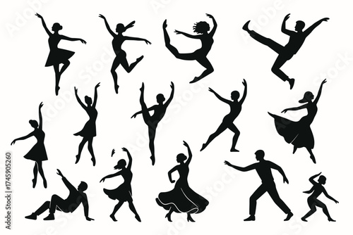 Silhouettes of diverse dancers in elegant ballet and contemporary poses
