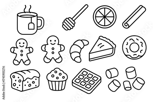 Black and white icons of hot drink, honey stick, orange slice, and various desserts