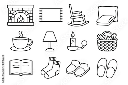 Cozy home essentials: fireplace, rocking chair, tea, candle, book, slippers