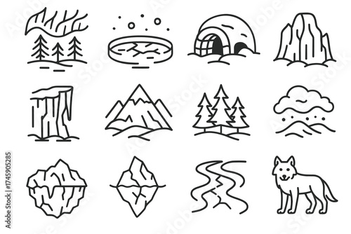 Minimalist arctic icons featuring igloo, iceberg, wolf, mountains, and trees