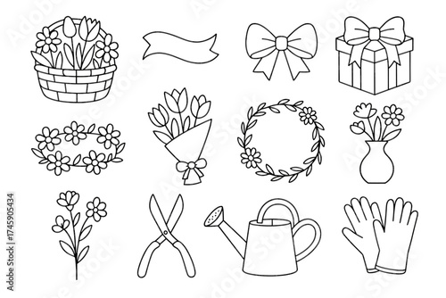 Black and white gardening and floral icon set with tools and flowers