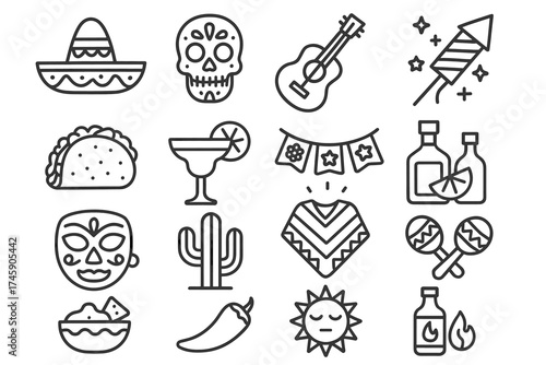 Mexican culture icons with sombrero, skull, maracas, and cactus illustrations