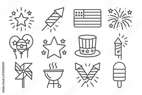 Fourth of july celebration icons: fireworks, flag, bbq, patriotic symbols