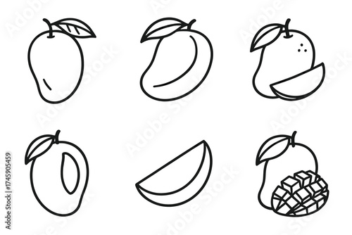 Outline icons of mango and papaya - whole, sliced, and cubed designs