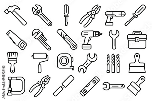 Line art illustration of various hand tools for construction and repair