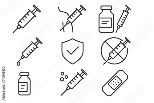 Vaccination icons: syringes, vials, checkmark, no needle, band-aid, medical symbols