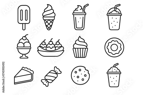 Outline icons of ice cream, drinks, and desserts featuring popsicles and cookies