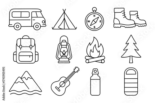 Camping icons: van, tent, compass, boots, backpack, lantern, fire, tree, mountains, guitar, water bottle, sleeping bag