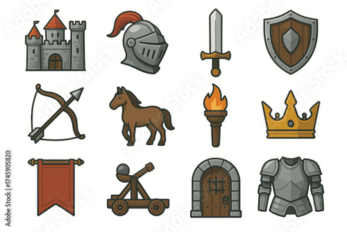 Medieval icon set featuring castle, armor, sword, shield, and crown