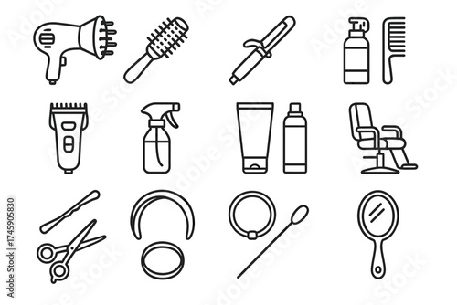 Hair styling tools collection: comb, brush, scissors, dryer, chair, mirror icons